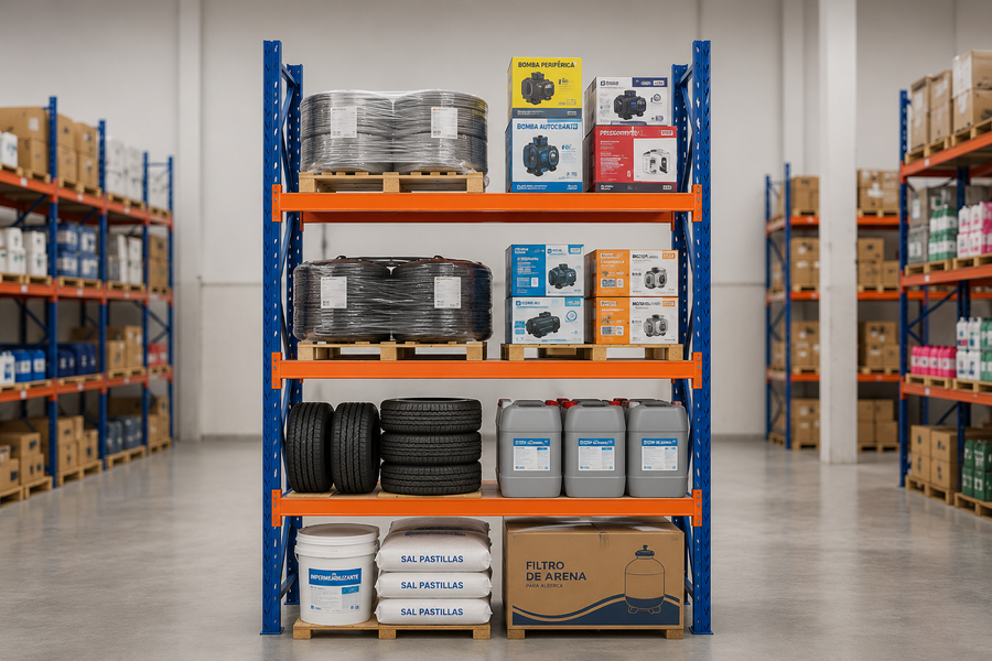 Rack porta pallet azul y naranja de cuatro niveles cargado con pallets de mercancía en una bodega