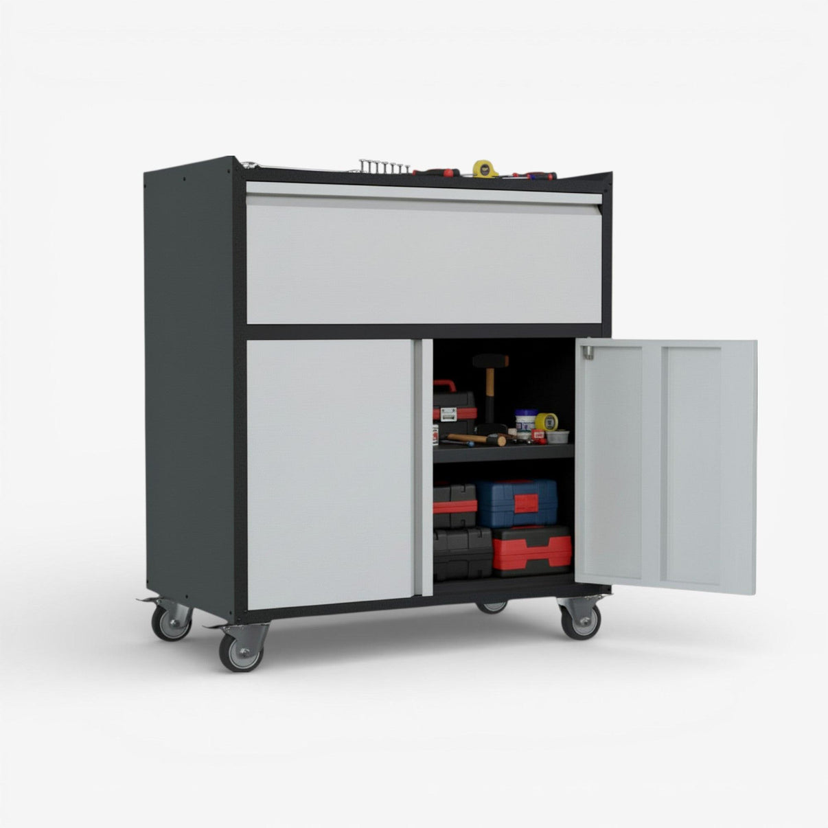 Gabinete metálico bajo 2 puertas 1 cajon con ruedas - black & gray TC-09.