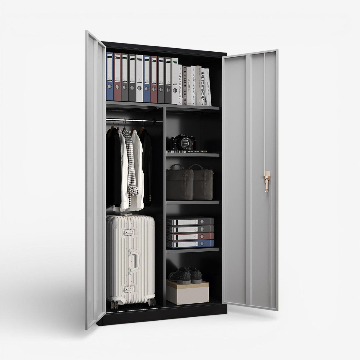 Gabinetes metálico 2 puertas con repisas y barra colgar - black & gray FC-05.