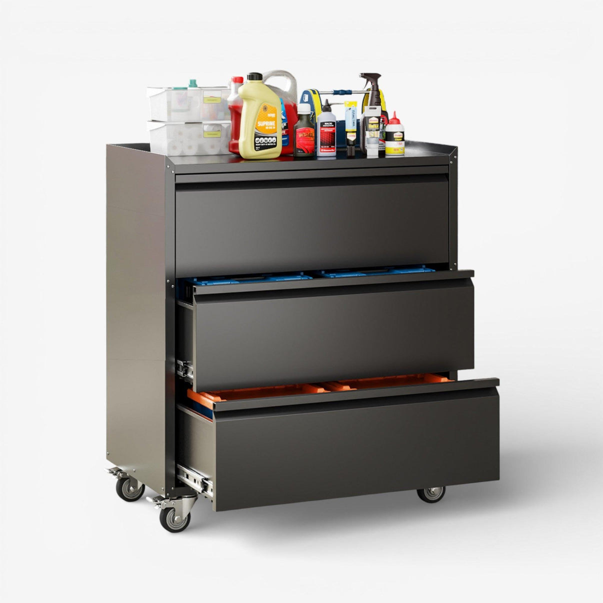 Gabinete metálico bajo con ruedas 3 cajones - black TC-10.