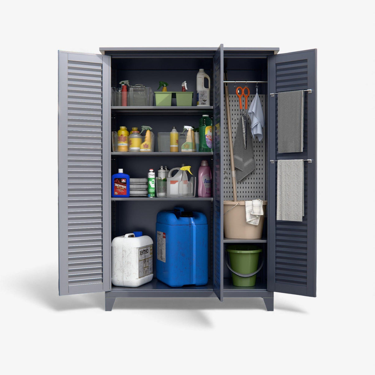 Gabinete exterior 3 puertas 4 separaciones, barra y tablero para colgar 185x120x50 cm - OCC-7.