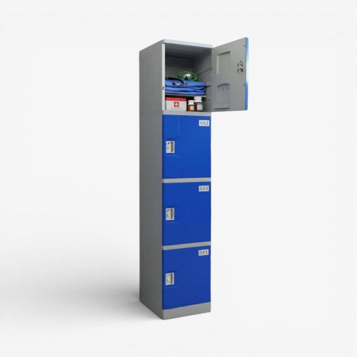 Casillero locker plástico 1 cuerpo y 4 puertas azul.