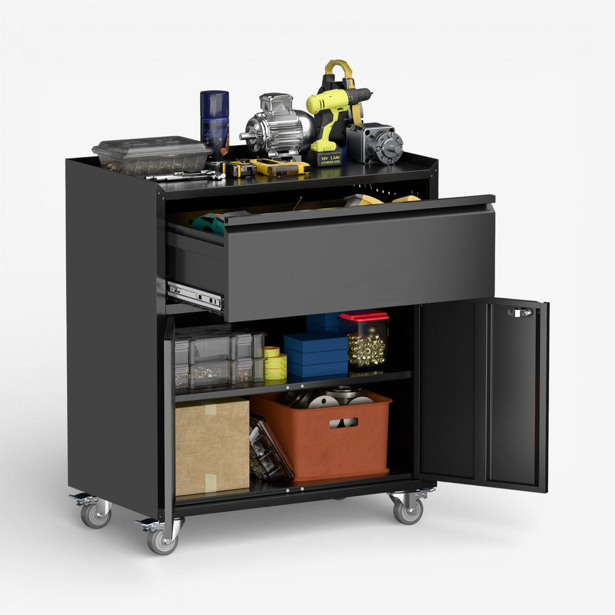 Gabinete metálico bajo 2 puertas 1 cajon con ruedas - black TC-09.