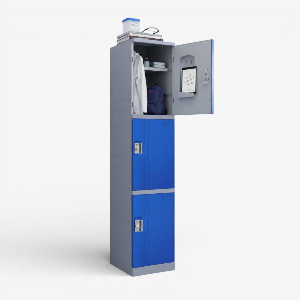 Casillero locker plástico 1 cuerpo y 3 puertas azul.