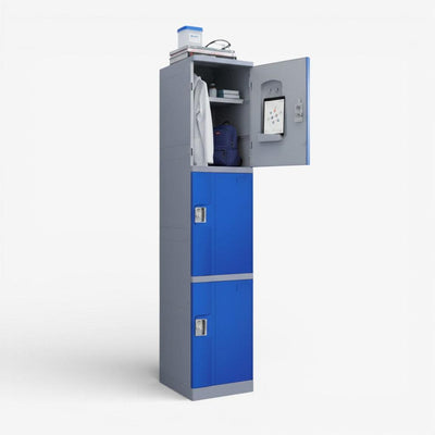 Casillero locker plástico 1 cuerpo y 3 puertas azul.